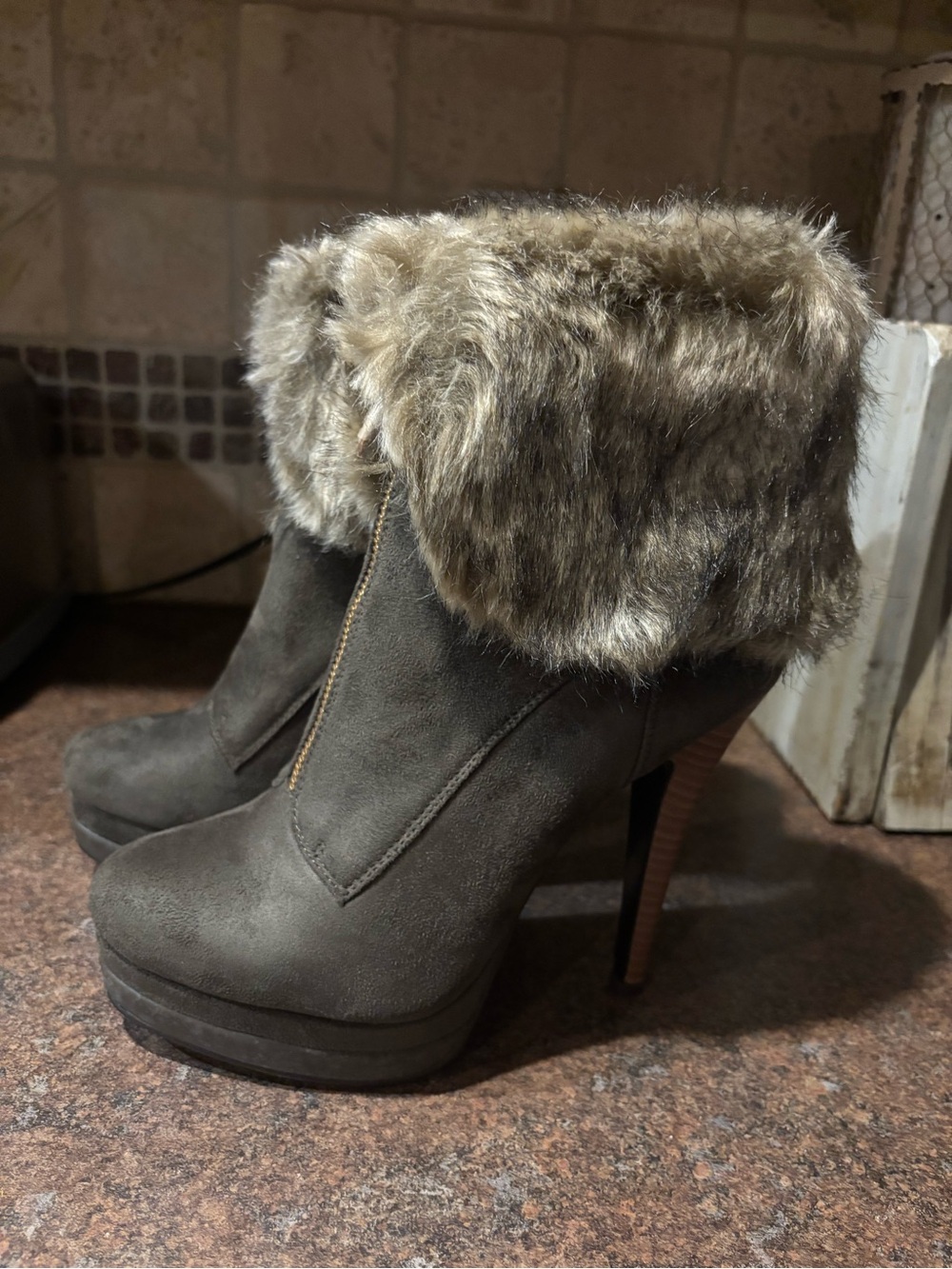 Faux Fur Trim Gray High-Heel Ankle Boots
